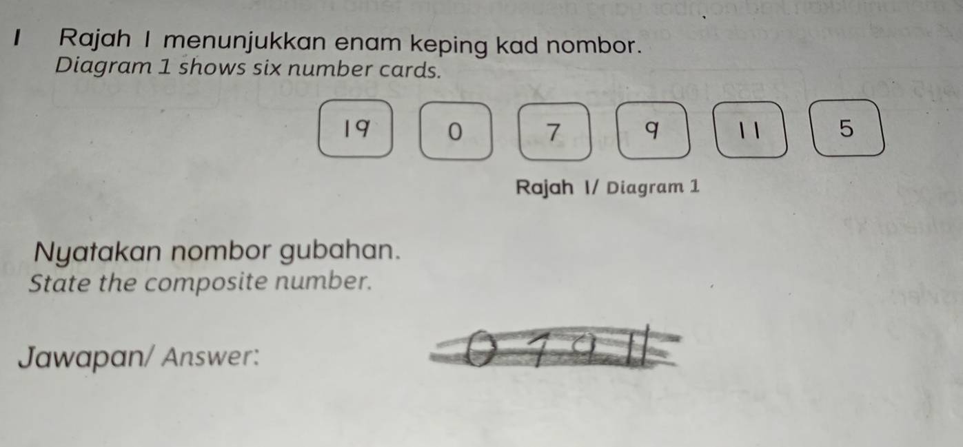 Rajah I menunjukkan enam keping kad nombor. 
Diagram 1 shows six number cards.
19 0 7 q 11 5
Rajah I/ Diagram 1 
Nyatakan nombor gubahan. 
State the composite number. 
Jawapan/ Answer: