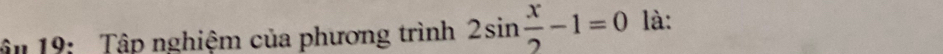 â 19: Tập nghiệm của phương trình 2sin  x/2 -1=0 là: