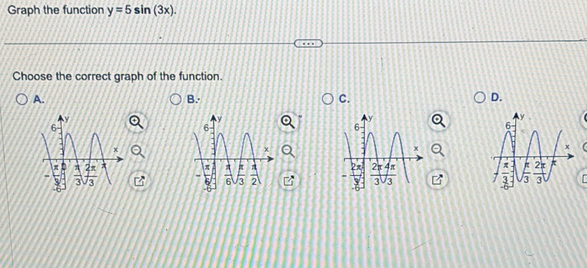 Graph the function y=5sin (3x).
Choose the correct graph of the function.
A.
B.
C.
D.