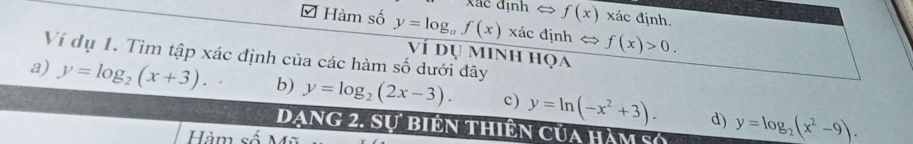 Xãc định < <tex>f(x) xác định. 
Hàm số y=log _af(x) xác định f(x)>0. 
Ví dụ 1. Tìm tập xác định của các hàm số dưới đây Ví dụ minh họa 
a) y=log _2(x+3). 
b) y=log _2(2x-3). c) y=ln (-x^2+3). d) y=log _2(x^2-9). 
Dạng 2. sự biên thiên của hàm số 
Hàm số Mã