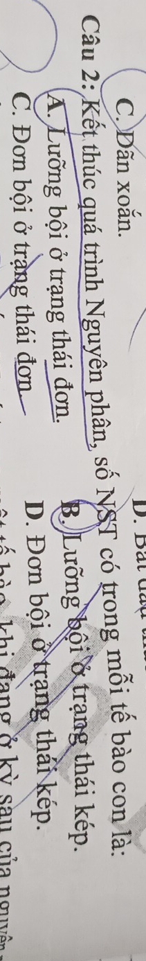 C. Dãn xoăắn. D. Bắt dầu
Câu 2: Kết thúc quá trình Nguyên phân, số NST có trong mỗi tế bào con là:
A. Lưỡng bội ở trạng thái đơn. B. Lưỡng bội ở trang thái kép.
C. Đơn bội ở trạng thái đơn. D. Đơn bội ở trạng thái kép.
ào khi đàng ở kỳ sau của nguyê