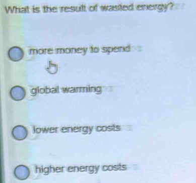 What is the result of wasted energy?
more money to spend
global warming
lower energy costs
higher energy costs