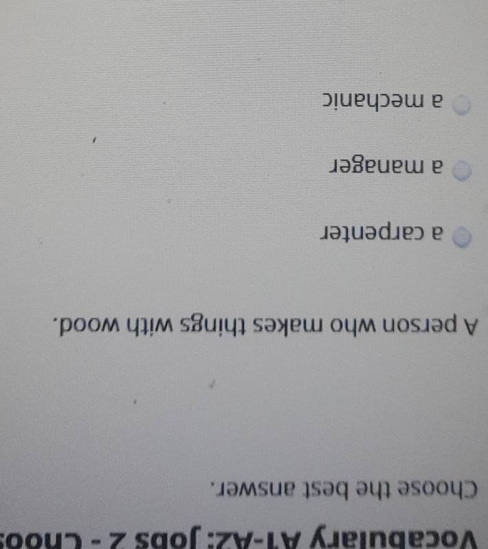 Vocabulary A1-A2: Jobs 2 - Choo:
Choose the best answer.
A person who makes things with wood.
a carpenter
a manager
a mechanic