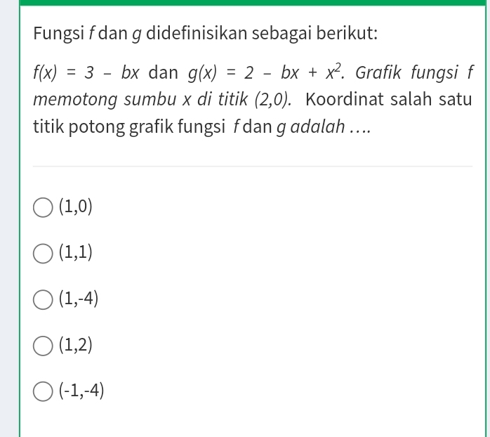 Fungsi f dan g didefinisikan sebagai berikut:
f(x)=3-bx dan g(x)=2-bx+x^2. Grafik fungsi f
memotong sumbu x di titik (2,0). Koordinat salah satu
titik potong grafik fungsi f dan g adalah ….
(1,0)
(1,1)
(1,-4)
(1,2)
(-1,-4)