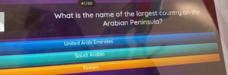 47/60
What is the name of the largest country on the
Arabian Peninsula?
United Arab Emirates
Saudi Arabia
Yemen