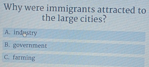 Why were immigrants attracted to
the large cities?
A. industry
B. government
C. farming