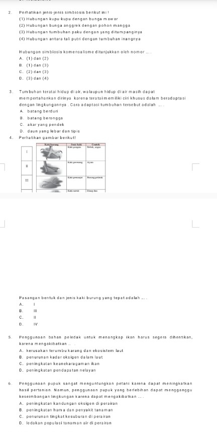 Perhatikan jenis-jenis simbiosis berikut ini !
(1) Hübungan kupu-kupu denɡan bunça mawər
(2) Hubungan bunga anggrek dengan pohon mangga
(3) Hubungan tumbühan paku dengan ɣang ditumpanginya
(4) Hubungan antara tali putri dengan tumbuhan inangnya
Hubungan simbiosis komensallisme ditunjukkan oleh nomor ... .
A. (1)dan (2)
B. (1) dan (3)
C. (2)dan (3)
D. (3)dan (4)
3. Tum buhan teratai hidup diair, walaupun hidup diair masih dapat
mempertahankan dirinva kərena teratai m emiliki ciri khusus dəlam beradəptasi
dengan lingkungannya . Cara adaptasi tumbuhan tersebut adalah .. . .
A. bat ang berd uri
B. b at ang b e ro ngg a
C. akar yang pendek
D. daun yang lebar dan tip is
4. Perhatikan gambar berikut!
Pasangan bentuk dan jenis kaki burung yang tepat adalah ... .
A. l
B. Ⅲ
C. Ⅱ
D. Ⅳ
5. Penggunaan bahan peledak untuk menangkap ikan harus segera dihentikan,
karena mengakibatkan .
A， kerusakan terumbukarang dan ekosistem laut
B. penurunan kadar oksigen dalam laut
C. peninɡkatan keanekaragaman ikan
D. peninɡkatan pendapatan melayan
6. Penggunaan pupuk sangat mengüntungkan petani karena dapat meningkatkan
hasil pertanian. Namun, penggunaan pupuk yang berebihan dapat mengganggu
keseimbangan linɡkungan karena dapat mengakibatkan . .. .
A. peninɡkatan kandungan oksigen di perairan
B. peninɡkatan hama dan penyakit tanaman
C. penurunan tingkat ke suburan di perairan
D. ledakan populasi tanaman air di perairan