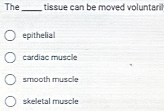 The_ tissue can be moved voluntaril
epithelial
cardiac muscle
smooth muscle
skeletal muscle