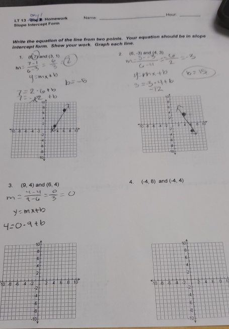 Hour:_ 
Slope Intercept Form LT 13 -Dag Homework Name 
_ 
Write the equation of the line from two points. Your equation should be in slope 
intercept form. Show your work. Graph each line. 
1. and (3,1) 2. (6,-3) and (4,3)
3. (9,4) and (6,4) 4. (-4,8) and (-4,4)
10