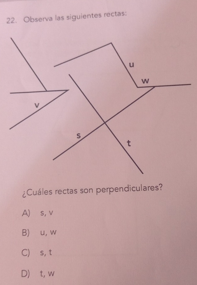 Observa las siguientes rectas:
¿Cuáles rectas son perpendiculares?
A) s, v
B)⊆u, w
C) s, t
D)⩽ t, w