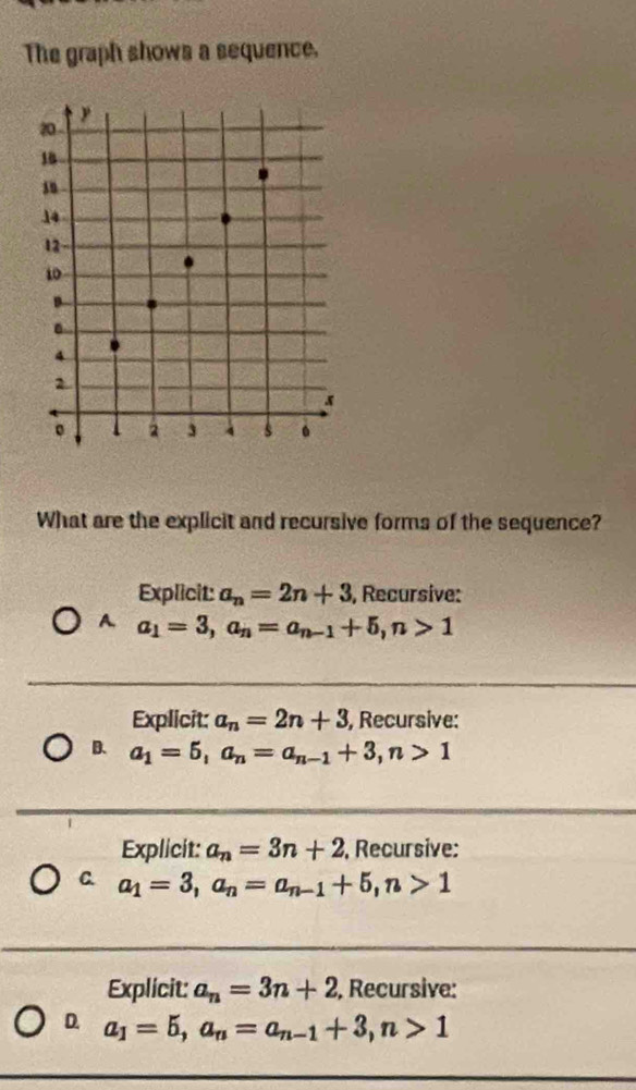 The graph shows a sequence.
What are the explicit and recursive forms of the sequence?
Explicit: a_n=2n+3 , Recursive:
A. a_1=3, a_n=a_n-1+5, n>1
Explicit: a_n=2n+3 , Recursive:
B. a_1=5, a_n=a_n-1+3, n>1
Explicit: a_n=3n+2 , Recursive:
C. a_1=3, a_n=a_n-1+5, n>1
Explicit: a_n=3n+2 , Recursive:
D. a_1=5, a_n=a_n-1+3, n>1