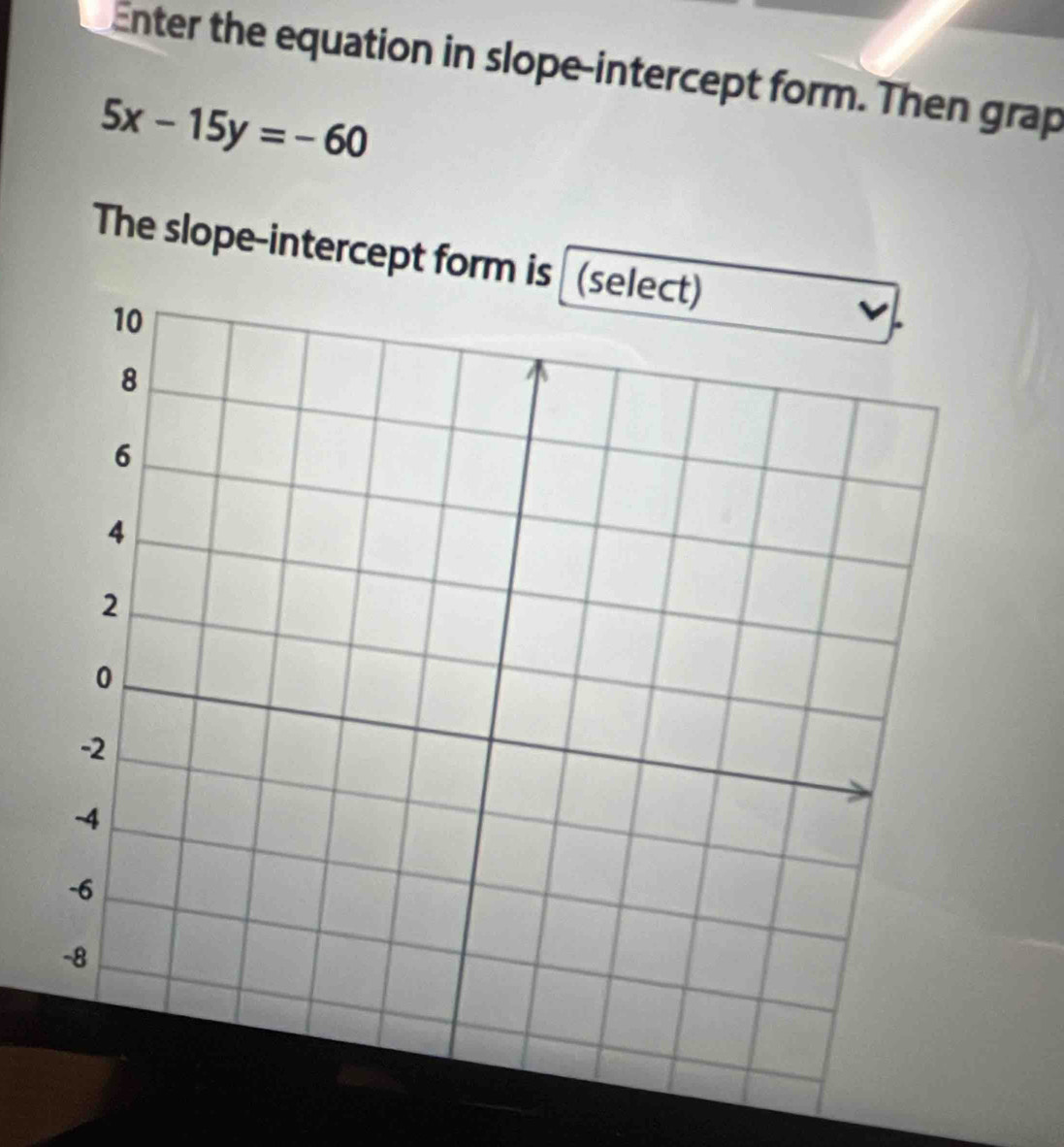 Enter the equation in slope-intercept form. Then grap
5x-15y=-60
The slope-intercept form is