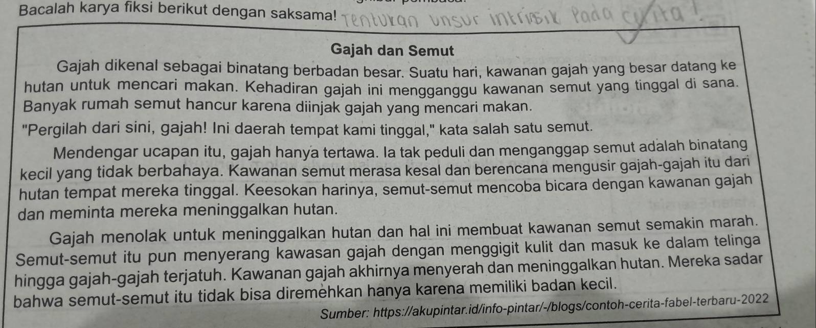 Bacalah karya fiksi berikut dengan saksama! 
Gajah dan Semut 
Gajah dikenal sebagai binatang berbadan besar. Suatu hari, kawanan gajah yang besar datang ke 
hutan untuk mencari makan. Kehadiran gajah ini mengganggu kawanan semut yang tinggal di sana. 
Banyak rumah semut hancur karena diinjak gajah yang mencari makan. 
"Pergilah dari sini, gajah! Ini daerah tempat kami tinggal," kata salah satu semut. 
Mendengar ucapan itu, gajah hanya tertawa. Ia tak peduli dan menganggap semut adalah binatang 
kecil yang tidak berbahaya. Kawanan semut merasa kesal dan berencana mengusir gajah-gajah itu dari 
hutan tempat mereka tinggal. Keesokan harinya, semut-semut mencoba bicara dengan kawanan gajah 
dan meminta mereka meninggalkan hutan. 
Gajah menolak untuk meninggalkan hutan dan hal ini membuat kawanan semut semakin marah. 
Semut-semut itu pun menyerang kawasan gajah dengan menggigit kulit dan masuk ke dalam telinga 
hingga gajah-gajah terjatuh. Kawanan gajah akhirnya menyerah dan meninggalkan hutan. Mereka sadar 
bahwa semut-semut itu tidak bisa diremehkan hanya karena memiliki badan kecil. 
Sumber: https://akupintar.id/info-pintar/-/blogs/contoh-cerita-fabel-terbaru-2022