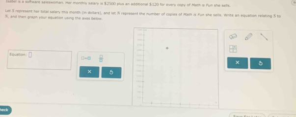 sabel is a software saleswoman. Her monthly salary is $2500 plus an additional $120 for every copy of Math is Fun she sells. 
Let S represent her total salary this month (in dollars), and let N represent the number of coples of Math is Fun she sells. Write an equation relating S to
N, and then graph your equation using the axes below. 
Equation: □ □ -□  □ /□   
× 
× 
heck