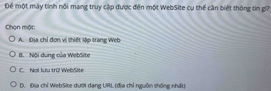 Để một máy tính nối mạng truy cập được đến một WebSite cụ thế cần biết thông tin gì?
Chọn một:
A. Địa chỉ đơn vị thiết lập trang Web
B. Nội dung của WebSite
C. Nơi lưu trữ WebSite
D. Địa chỉ WebSite dưới dạng URL (địa chỉ nguồn thống nhất)