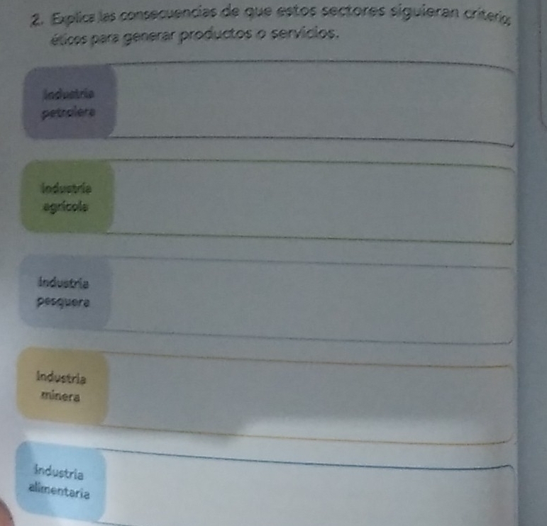 Explica las consecuencias de que estos sectores siguieran criterio
éticos para generar productos o servicios.
industria
petrolere
Industria
agrícols
Industria
pesquera
Industria
minera
Industria
alimentaria