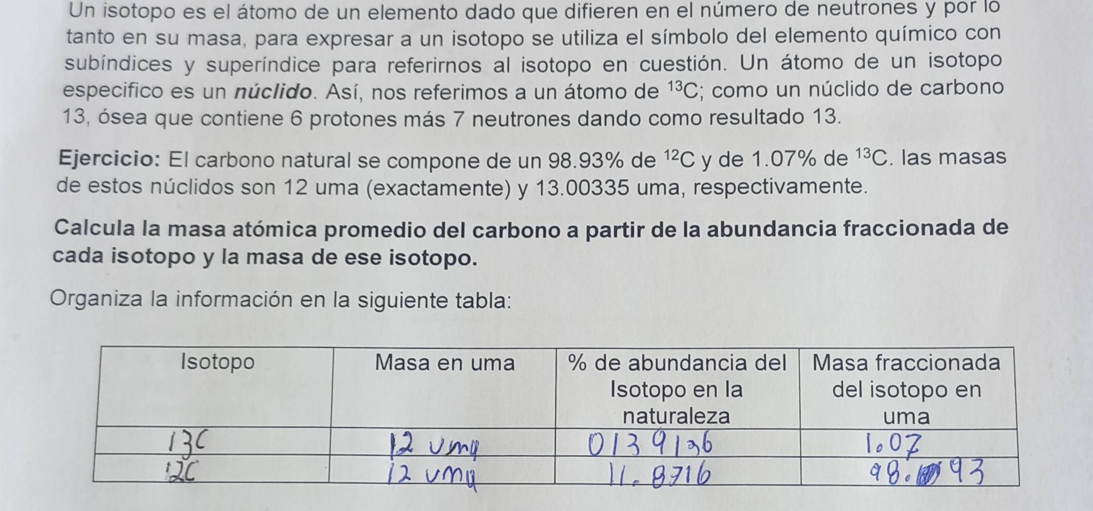 Un isotopo es el átomo de un elemento dado que difieren en el número de neutrones y por lo 
tanto en su masa, para expresar a un isotopo se utiliza el símbolo del elemento químico con 
subíndices y superíndice para referirnos al isotopo en cuestión. Un átomo de un isotopo 
especifico es un núclido. Así, nos referimos a un átomo de^(13)C; como un núclido de carbono 
13, ósea que contiene 6 protones más 7 neutrones dando como resultado 13. 
Ejercicio: El carbono natural se compone de un 98.93% de^(12)C y de 1.07% de^(13)C. las masas 
de estos núclidos son 12 uma (exactamente) y 13.00335 uma, respectivamente. 
Calcula la masa atómica promedio del carbono a partir de la abundancia fraccionada de 
cada isotopo y la masa de ese isotopo. 
Organiza la información en la siguiente tabla: