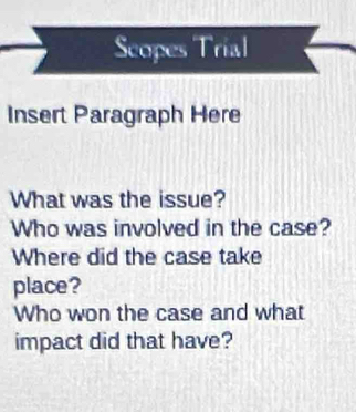 Scopes Trial 
Insert Paragraph Here 
What was the issue? 
Who was involved in the case? 
Where did the case take 
place? 
Who won the case and what 
impact did that have?