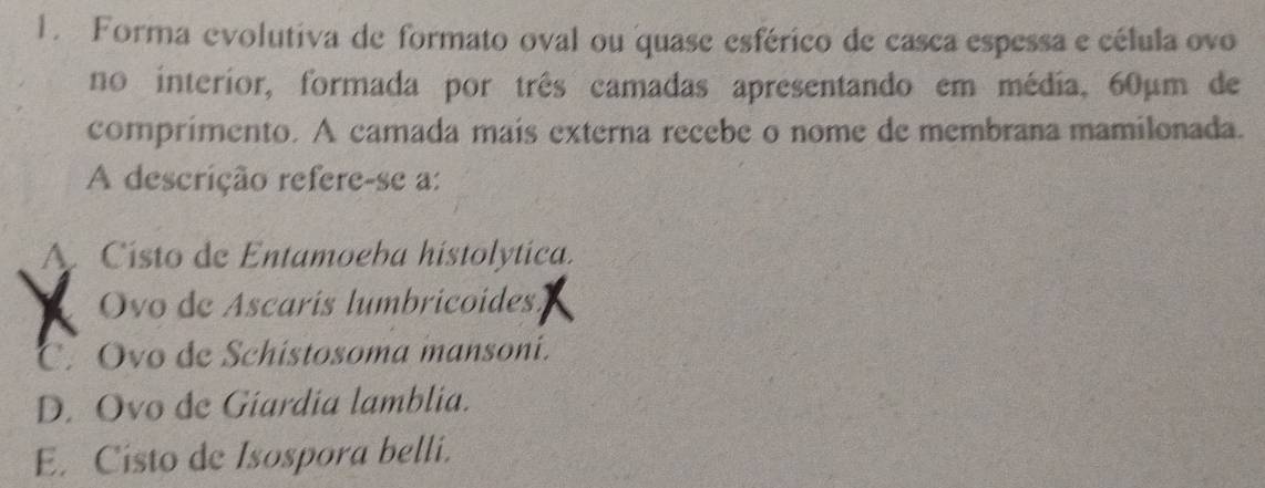 Forma evolutiva de formato oval ou quase esférico de casca espessa e célula ovo
no interior, formada por três camadas apresentando em média, 60μm de
comprimento. A camada mais externa recebe o nome de membrana mamilonada.
A descrição refere-se a:
A. Cisto de Entamoeba histolytica.
Ovo de Ascaris lumbricoides.
C. Ovo de Schistosoma mansoni.
D. Ovo de Gíardia lamblia.
E. Cisto de Isospora belli.