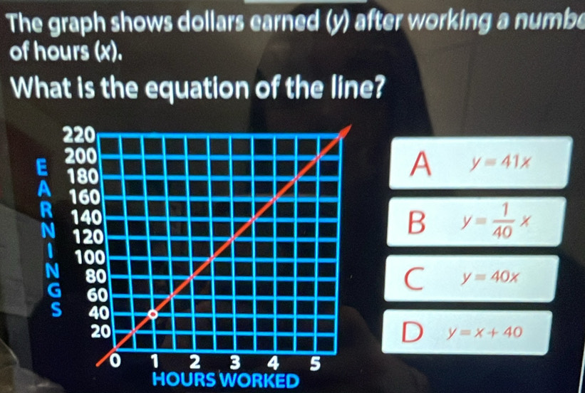 The graph shows dollars earned (y) after working a numbe
of hours (x).
What is the equation of the line?
A y=41x
B y= 1/40 x
y=40x
y=x+40
HOURS WORKED