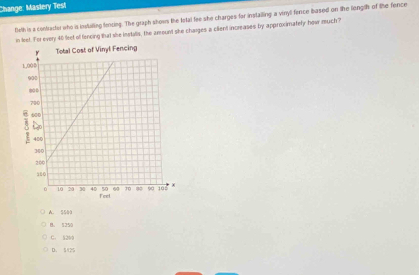 Change: Mastery Test
Beth is a contractor who is installing fencing. The graph shows the total fee she charges for installing a vinyl fence based on the length of the fence
in feet. For every 40 feet of fencing that she installs, the amount she charges a client increases by approximately how much?
A. 5500
B. 5250
C. 5200
D. 5125