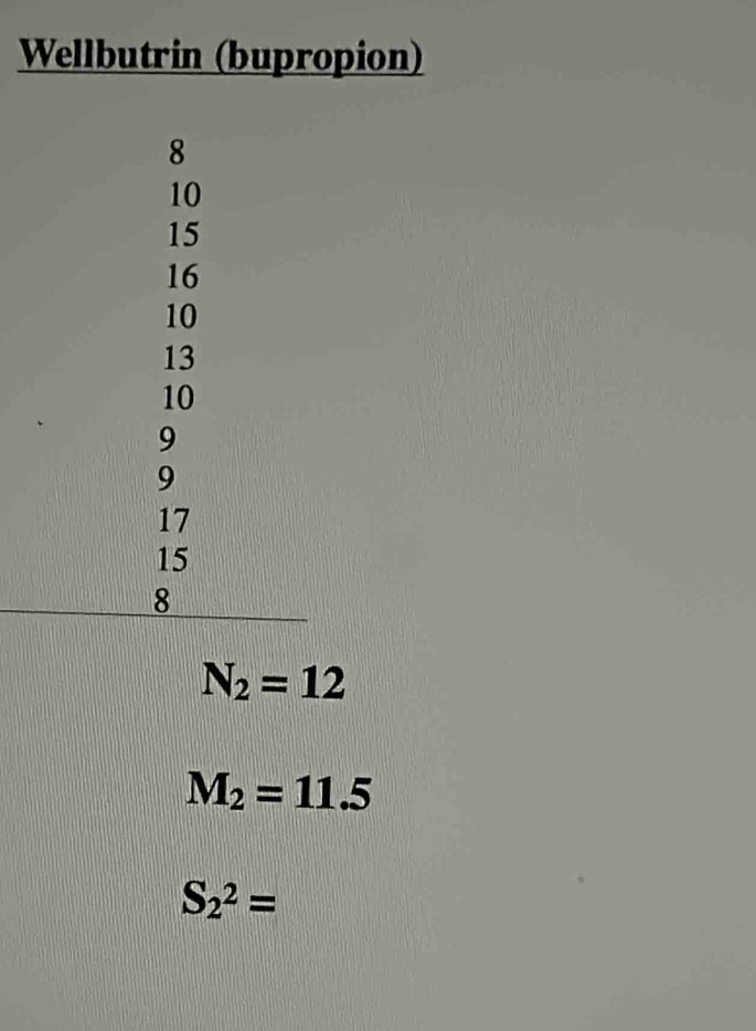 Wellbutrin (bupropion)
N_2=12
M_2=11.5
S_2^2=