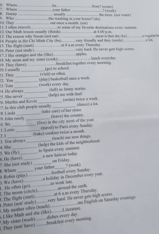 .he
7. Where 6. Where_ _your father _from? (came) ? (work)
. usually
9. Who 8. Jimmy_ _.the washing in your house? (do) ... the trees. (not water)
. out once a month. (eat)
10. They 11. I often (travel).
12. Our Math lesson usually (finish)   to soe of my favorite destinations every summer 
13. The reason why Susan (not eat) _.at 4.00 p.m.
4. People in Ho Chi Minh City (be)_ ...very friendly and they (smile) meat is that she (be)._ a vegetaría a lot.
16. Peter (not study).  5. The flight (start) __at 6 a.m every Thursday. very hard. He never gets high scores.
17. I like oranges and she (like)_ .apples.
19. They (have) 18. My mom and my sister (cook) _lunch everyday.
_ breakfast together every morning.
20. I usually __(go) to scheol.
1. They _(visit) us often.
2. You _(play) basketball once a week.
3. Tom _(work) every day.
4. He always _(tell) us funmy stories.
5. She never
6. Martha and Kevin _(help) me with that!
(swim) twice a week.
7. In this club people usually _(dance) a lot.
:8. Linda _(take care) of her sister.
9. John rarely _(leave) the country.
0. We (live) in the city most of the year.
1. Lorie
2.I __(bake) cookies twice a month. (travel) to Paris every Sunday.
3. You always _(teach) me new things.
4. She
(help) the kids of the neighborhood.
5. We (fly) to Spain every summer.
6. He (have)_ _a new haircut today.
7. She (not study) _on Friday.
8. Where your father_ ? (work)
9. Robin (play) football every Sunday.
to work late.
3. The flight (start). 2. The moon (circle) . He often (go)………...., . We (have)..................a holiday in December every year.
. .................. at ..m every Thursday. around the earth.
5. My mother often (teach). 4. Peter (not/ study)...........very hard. He never gets high scores. me English on Saturday evenings.
. I like Math and she (like)..........I.iterature.
My sister (wash)...........dishes every day.
. They (not/ have)...........breakfast every morning.