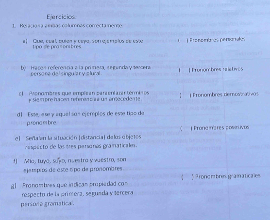 Ejercicios: 
1. Relaciona ambas columnas correctamente: 
a) Que, cual, quien y cuyo, son ejemplos de este ) Pronombres personales 
tipo de pronombres. 
b) Hacen referencia a la primera, segunda y tercera ( ) Pronombres relativos 
persona del singular y plural. 
c) Pronombres que emplean paraenlazar términos ) Pronombres demostrativos 
y siempre hacen referenciaa un antecedente. 
d) Este, ese y aquel son ejemplos de este tipo de 
pronombre. 
 ) Pronombres posesivos 
e) Señalan la situación (distancia) delos objetos 
respecto de las tres personas gramaticales. 
f) Mío, tuyo, suyo, nuestro y vuestro, son 
ejemplos de este tipo de pronombres. 
 ) Pronombres gramaticales 
g) Pronombres que indican propiedad con 
respecto de la primera, segunda y tercera 
persona gramatical.