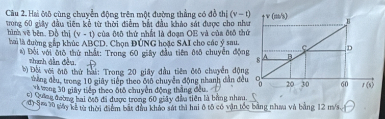 Hai ôtô cùng chuyền động trên một đường thẳng có đồ thị (v-t)
trong 60 giây đầu tiên kể từ thời điềm bắt đầu khảo sát được cho như
hình vẽ bên. Đồ thị (v-t) của ôtô thứ nhất là đoạn OE và của ôtô thứ
hai là đường gấp khúc ABCD. Chọn ĐÚNG hoặc SAI cho các ý sau.
a) Đối với ốtô thứ nhất: Trong 60 giây đầu tiên ôtô chuyển động
nhanh dần đều.
bĐ) Đội với ôtô thứ hai: Trong 20 giây đầu tiên ôtô chuyển động
thăng đều, trong 10 giây tiếp theo ôtổ chuyền động nhanh dần đều
và trong 30 giây tiếp theo ôtô chuyển động thăng đều.
c) Quảng đường hai ôtô đi được trong 60 giây đầu tiên là bằng nhau.
đ) Sau 30 giây kể từ thời điểm bắt đầu khảo sát thì hai ô tô có vận tốc bằng nhau và bằng 12 m/s. 、