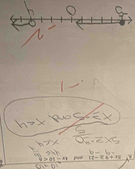 5 5x+9≥ -21 and 4x-10<6</tex>