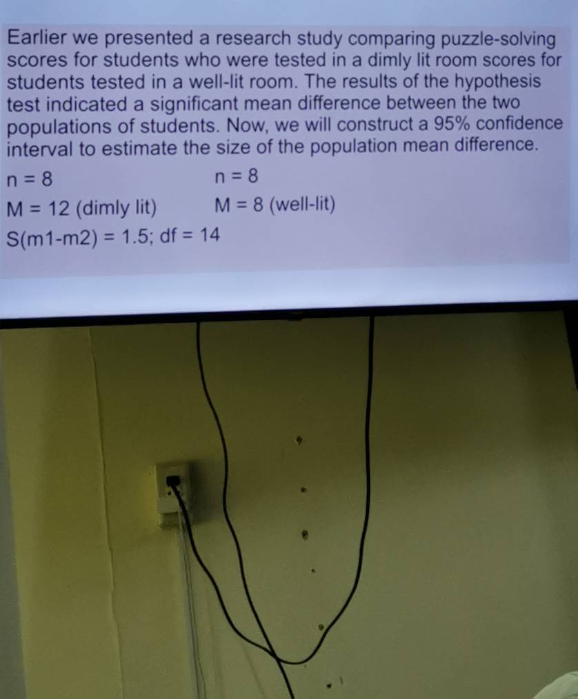 Earlier we presented a research study comparing puzzle-solving 
scores for students who were tested in a dimly lit room scores for 
students tested in a well-lit room. The results of the hypothesis 
test indicated a significant mean difference between the two 
populations of students. Now, we will construct a 95% confidence 
interval to estimate the size of the population mean difference.
n=8
n=8
M=12 (dimly lit) M=8 (well-lit)
S(m1-m2)=1.5; df=14