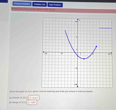 Previous Problem Problem List Next Probliem 
At least one of the answers above is NOT correct. 
Given the graph of f(x) above, find the following and write your answer in interval notation 
(a) Domain of f(x) : (-4,∈fty )
(b) Range of f(x) : [-2,8)