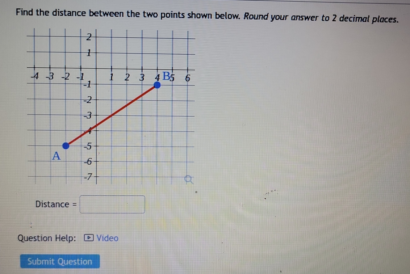 Find the distance between the two points shown below. Round your answer to 2 decimal places. 
Distance =□
Question Help: Video 
Submit Question