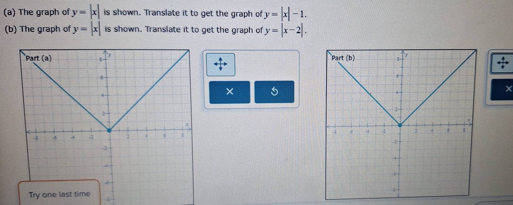 The graph of y=|x| is shown. Translate it to get the graph of y=|x|-1. 
(b) The graph of y=|x| is shown. Translate it to get the graph of y=|x-2|.

X
×
5

4