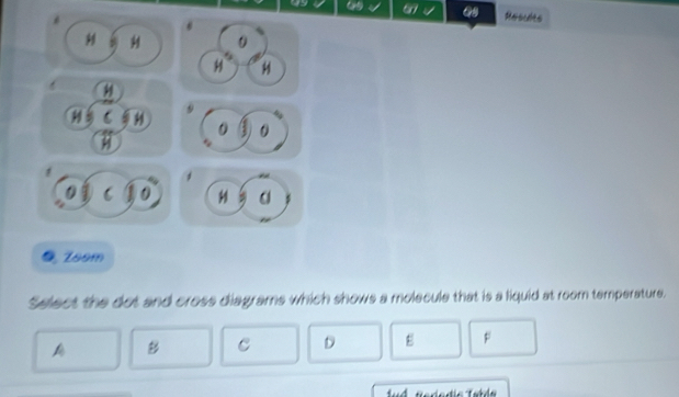 99 67 Qs Rosules
Z00m
Select the dot and cross diagrams which shows a molecule that is a liquid at room temperature.
A B C D E p