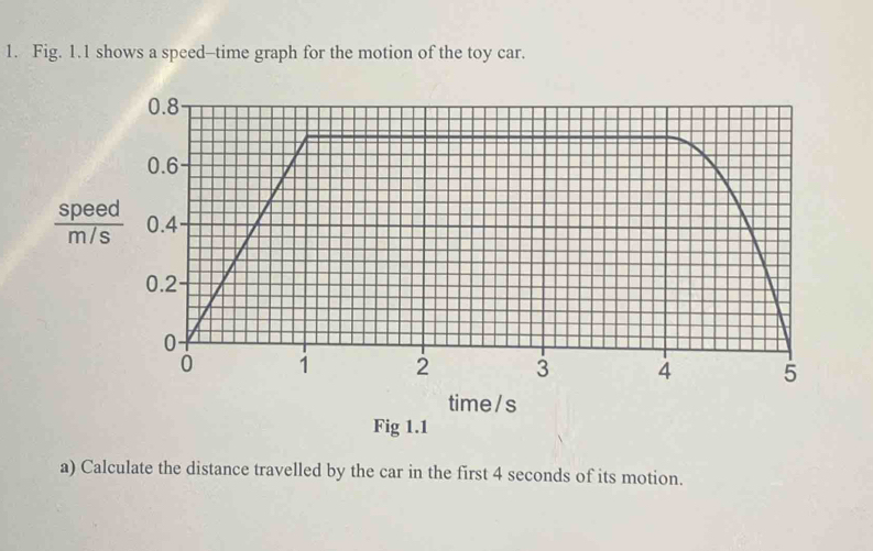 Fig. 1.1 shows a speed-time graph for the motion of the toy car.
 speed/m/s 
time/s 
Fig 1.1 
a) Calculate the distance travelled by the car in the first 4 seconds of its motion.