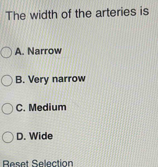 Solved: The width of the arteries is A. Narrow B. Very narrow C. Medium ...