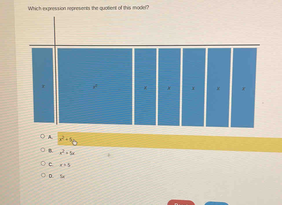 Which expression represents the quotient of this model?
A. x^2+5
B. x^2+5x
C. x+5
D. 5x