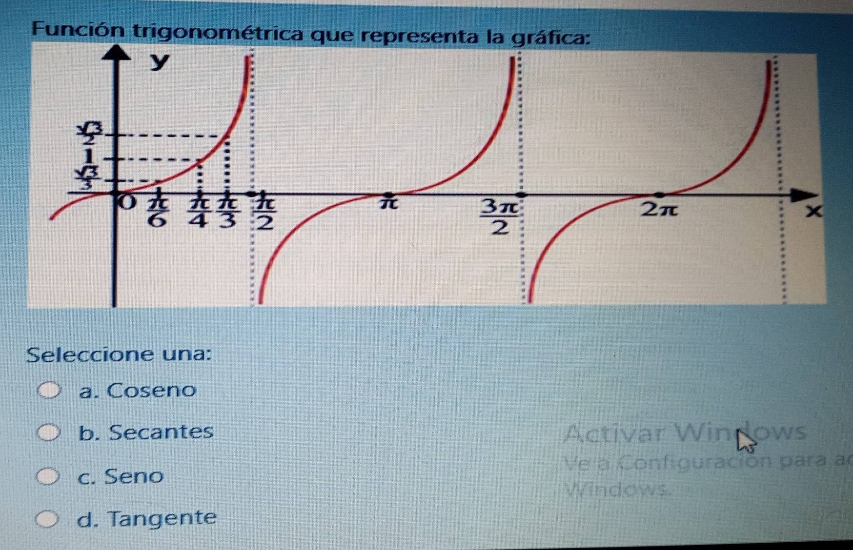 Función trigonométrica que representa la gráfica:
Seleccione una:
a. Coseno
b. Secantes Activar Win lows
Ve a Configuración para a
c. Seno
Windows.
d. Tangente