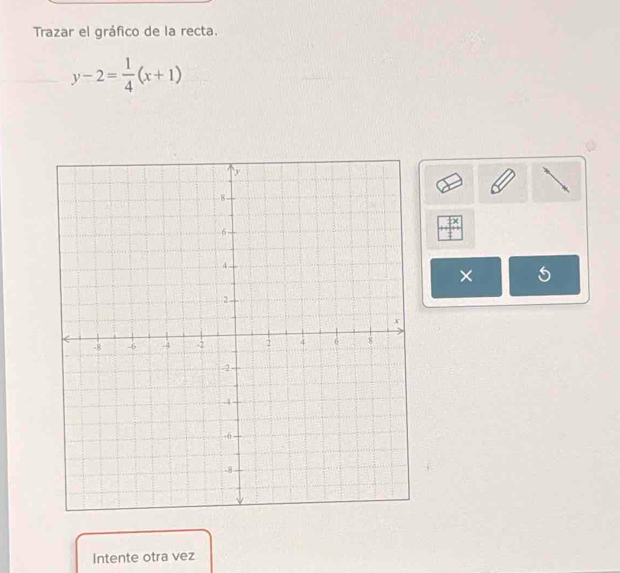 Trazar el gráfico de la recta.
y-2= 1/4 (x+1)
□^x
× 5 
Intente otra vez