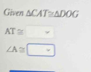 Given △ CAT≌ △ DOG
AT≌ □
∠ A≌ □