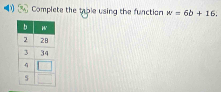 Complete the table using the function w=6b+16.