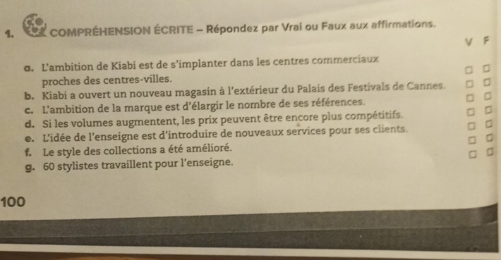 COMPRÉHENSION ÉCRITE - Répondez par Vrai ou Faux aux affirmations. 
V F 
d. L'ambition de Kiabi est de s’implanter dans les centres commerciaux 
proches des centres-villes. □ 
b. Kiabi a ouvert un nouveau magasin à l'extérieur du Palais des Festivals de Cannes. □ 
□ 
c. L'ambition de la marque est d'élargir le nombre de ses références. 
d. Si les volumes augmentent, les prix peuvent être encore plus compétitifs. 
□ 
e. L'idée de l'enseigne est d'introduire de nouveaux services pour ses clients 
D 
f. Le style des collections a été amélioré. 
g. 60 stylistes travaillent pour l'enseigne. 
100