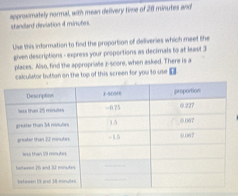 approximately normal, with mean delivery time of 28 minutes and 
standard deviation 4 minutes. 
Use this information to find the proportion of deliveries which meet the 
given descriptions - express your proportions as decimals to at least 3
places. Also, find the appropriate z-score, when asked. There is a 
calculator button on the top of this screen for you to use .