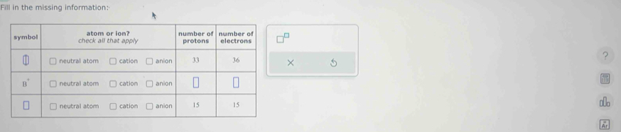 Fill in the missing information:
×
?
Ar