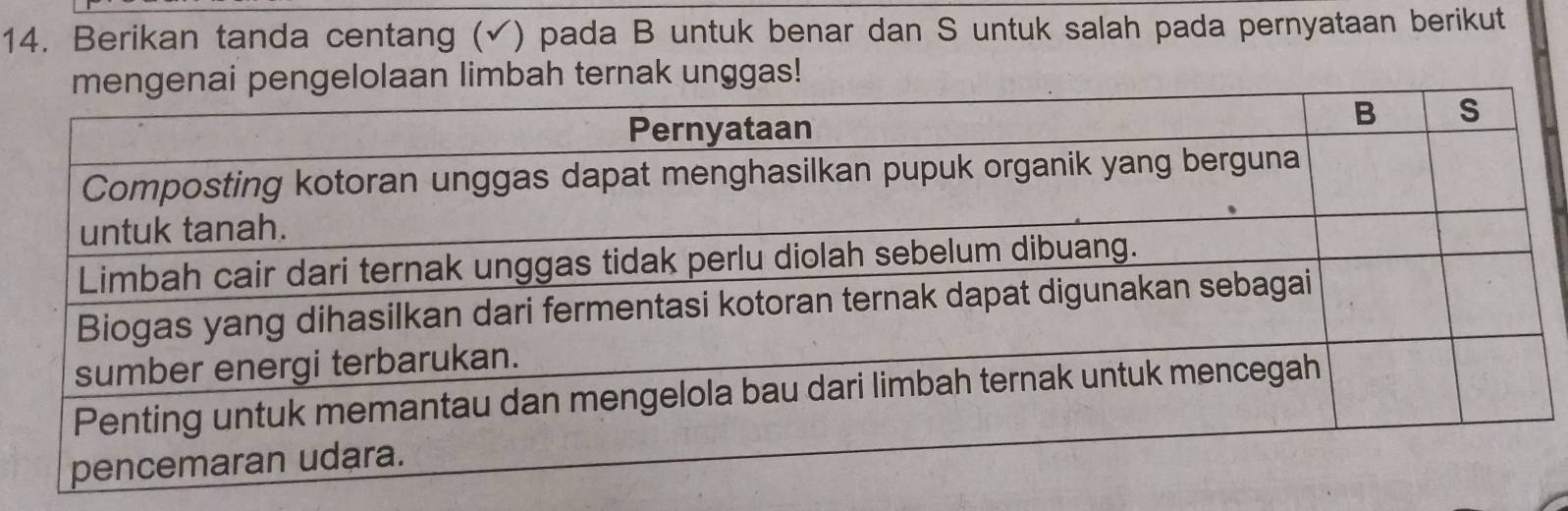 Berikan tanda centang (√) pada B untuk benar dan S untuk salah pada pernyataan berikut