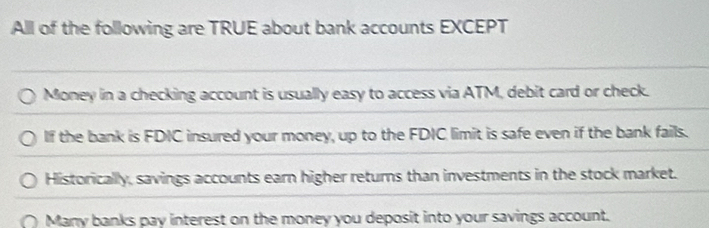 Solved: All of the following are TRUE about bank accounts EXCEPT Money ...