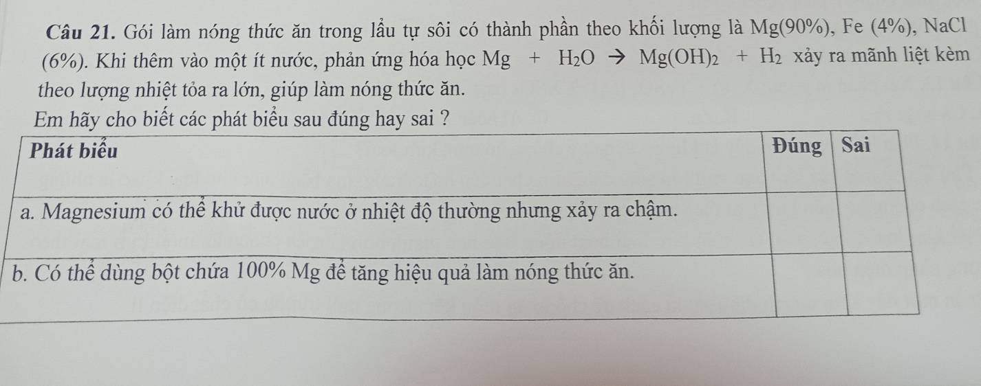 Gói làm nóng thức ăn trong lầu tự sôi có thành phần theo khối lượng là Mg(90% ) , Fe (4%), NaCl 
(6%). Khi thêm vào một ít nước, phản ứng hóa học Mg+H_2Oto Mg(OH)_2+H_2 xảy ra mãnh liệt kèm 
theo lượng nhiệt tỏa ra lớn, giúp làm nóng thức ăn. 
biết các p