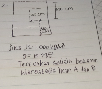 100 cm
20cm
yo
m
jik rho =1.000kg/m^3
g=10M/s^2
Tent onkan selisih bekanan 
hidrostatis ikan A dan B