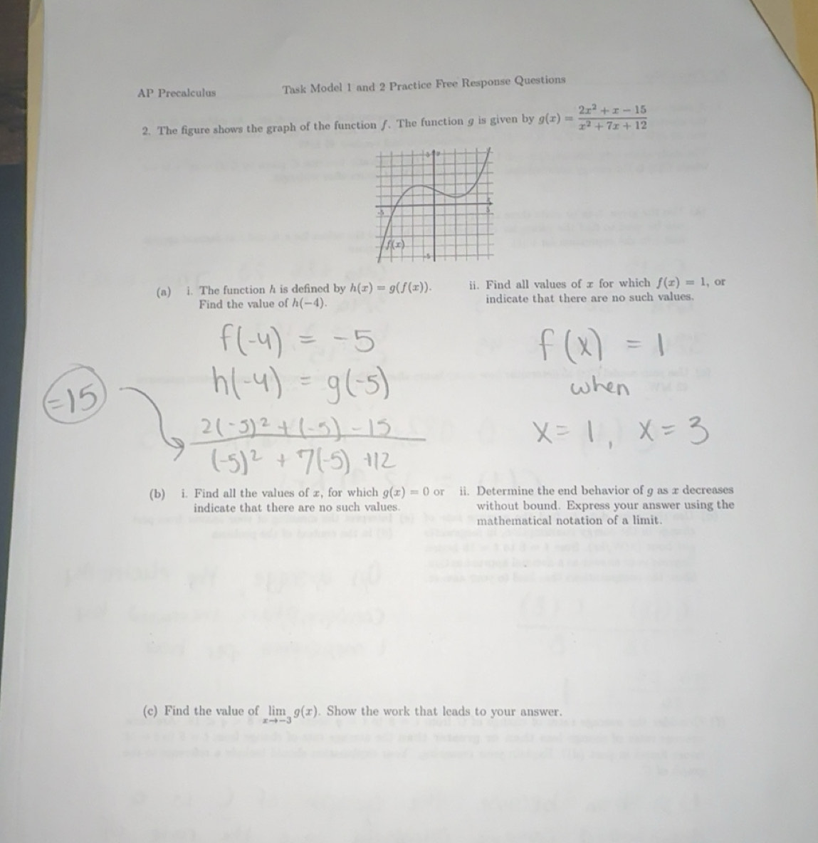 Solved: AP Precalculus Task Model 1 and 2 Practice Free Response ...